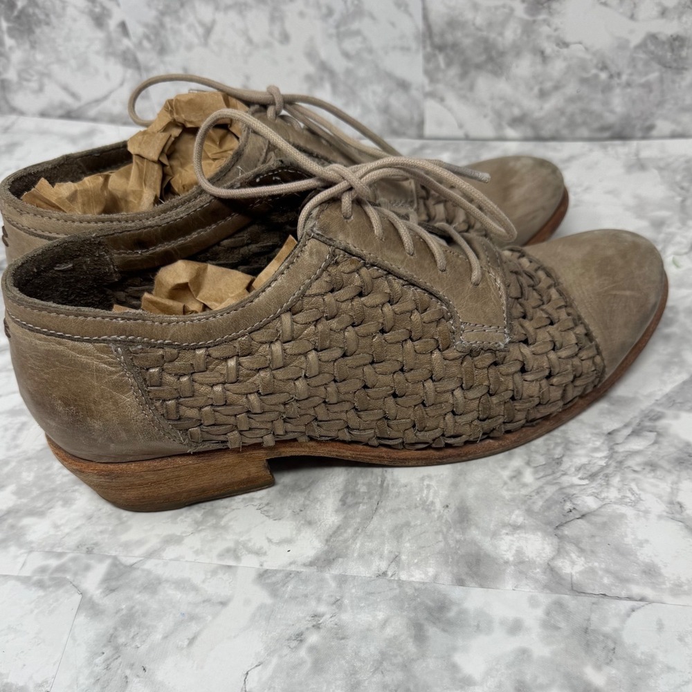 Frye Women Woven Leather Oxford Shoes Taupe Grey Lace Up 74450 Size 9 B - Picture 3 of 8